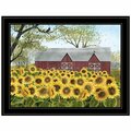 Homeroots Sunflower Farm Black Framed Print Wall Art, Earthtones, Yellow & Barn Red 404532